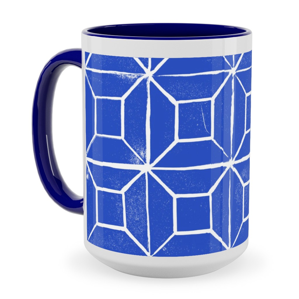 Geometric Lino - Cobalt Ceramic Mug, Blue, , 15oz, Blue, True Blue