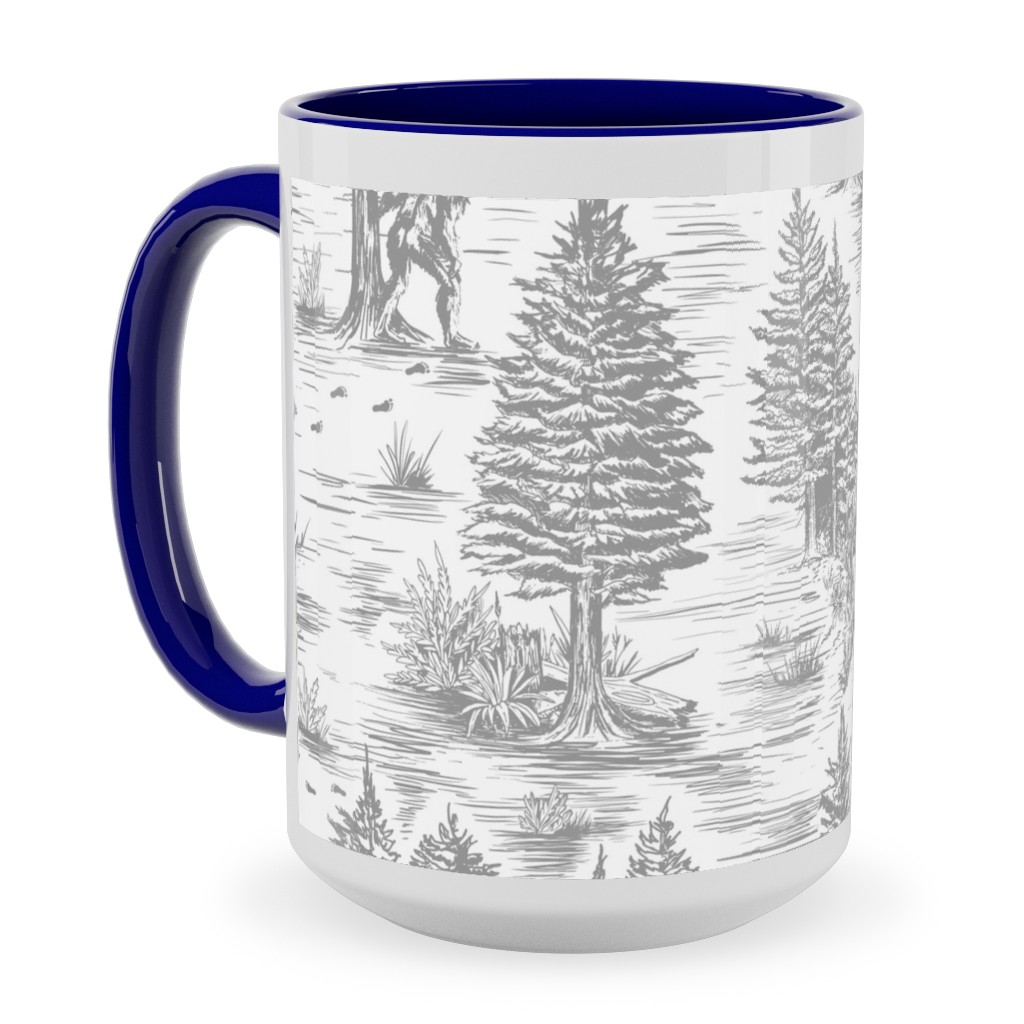 Bigfoot Sasquatch Toile De Jouy Ceramic Mug, Blue,  , 15oz, Gray