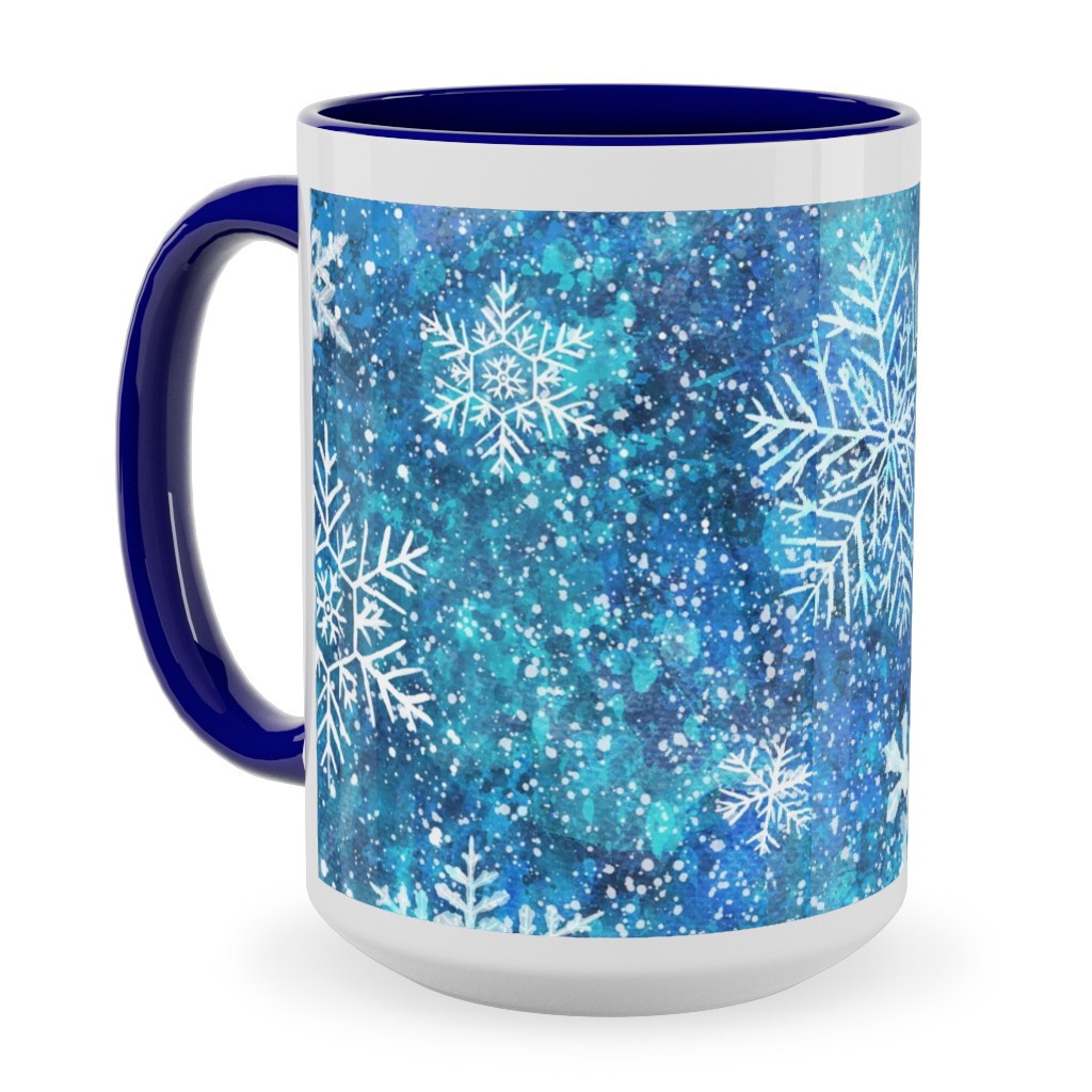 Whinsical Snowflakes Handpainted With Watercolors - Blue Ceramic Mug, Blue, , 15oz, Blue, True Blue