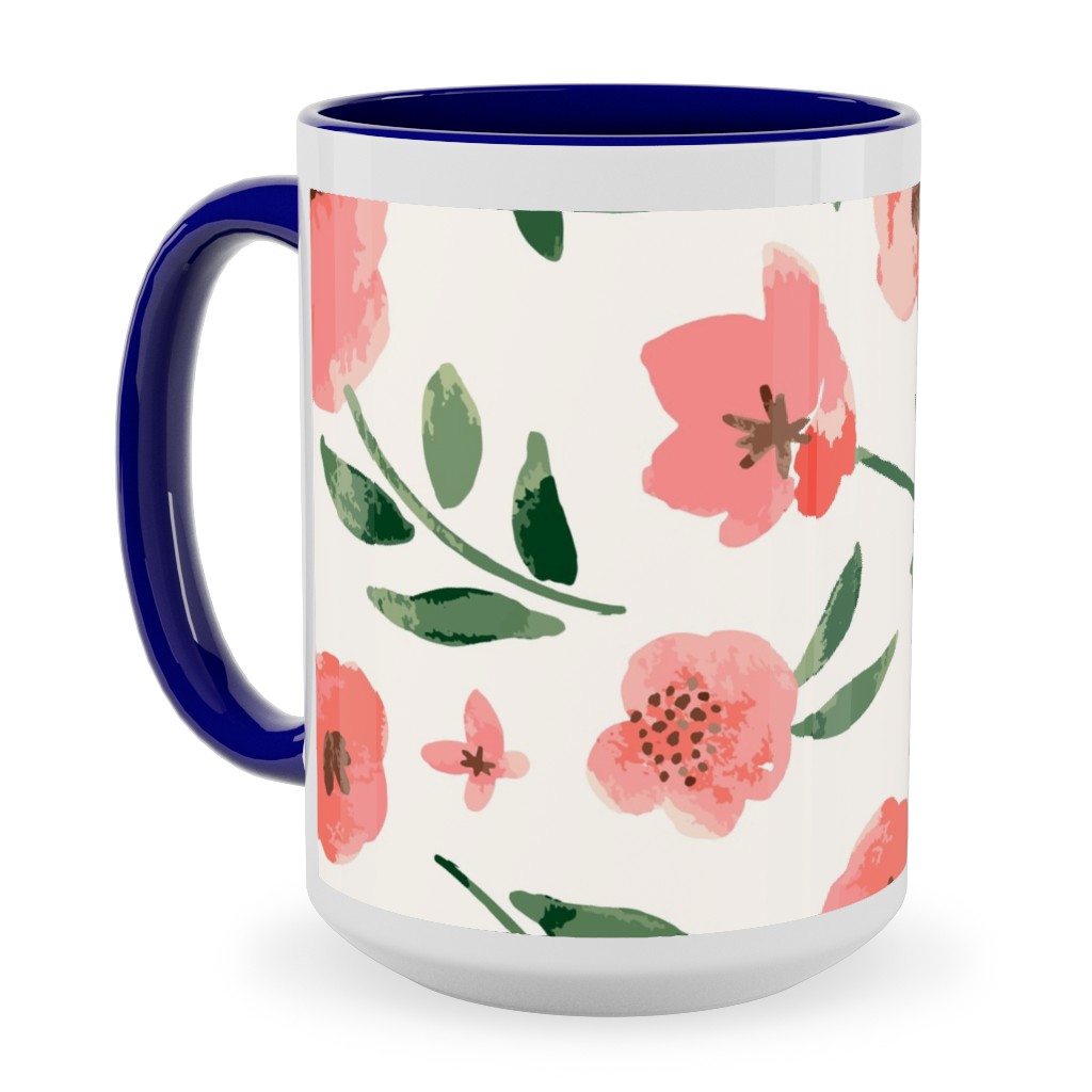 Scattered Watercolor Spring Flowers Ceramic Mug, Blue, , 15oz, Pink, Bright Pink