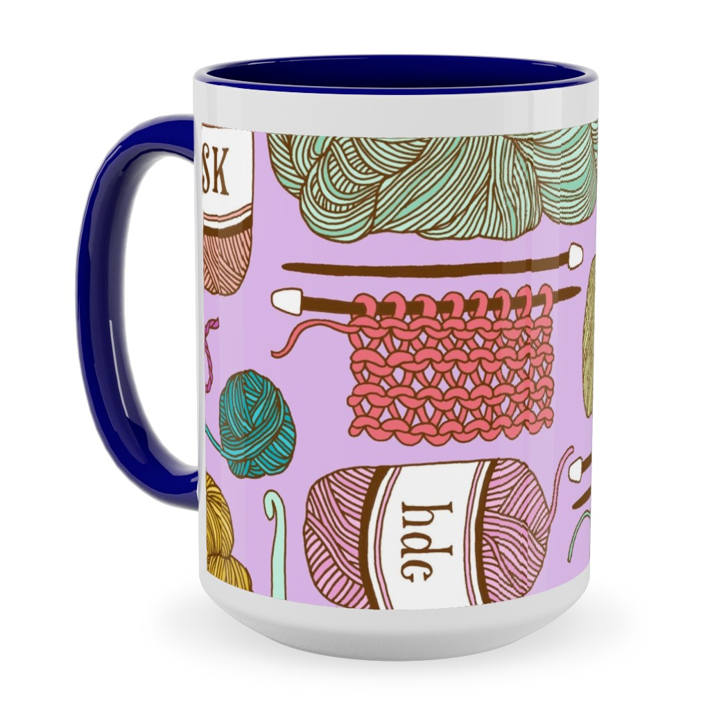 Knitting Ceramic Mug, Blue, , 15oz, Multicolor, Dusty Rose