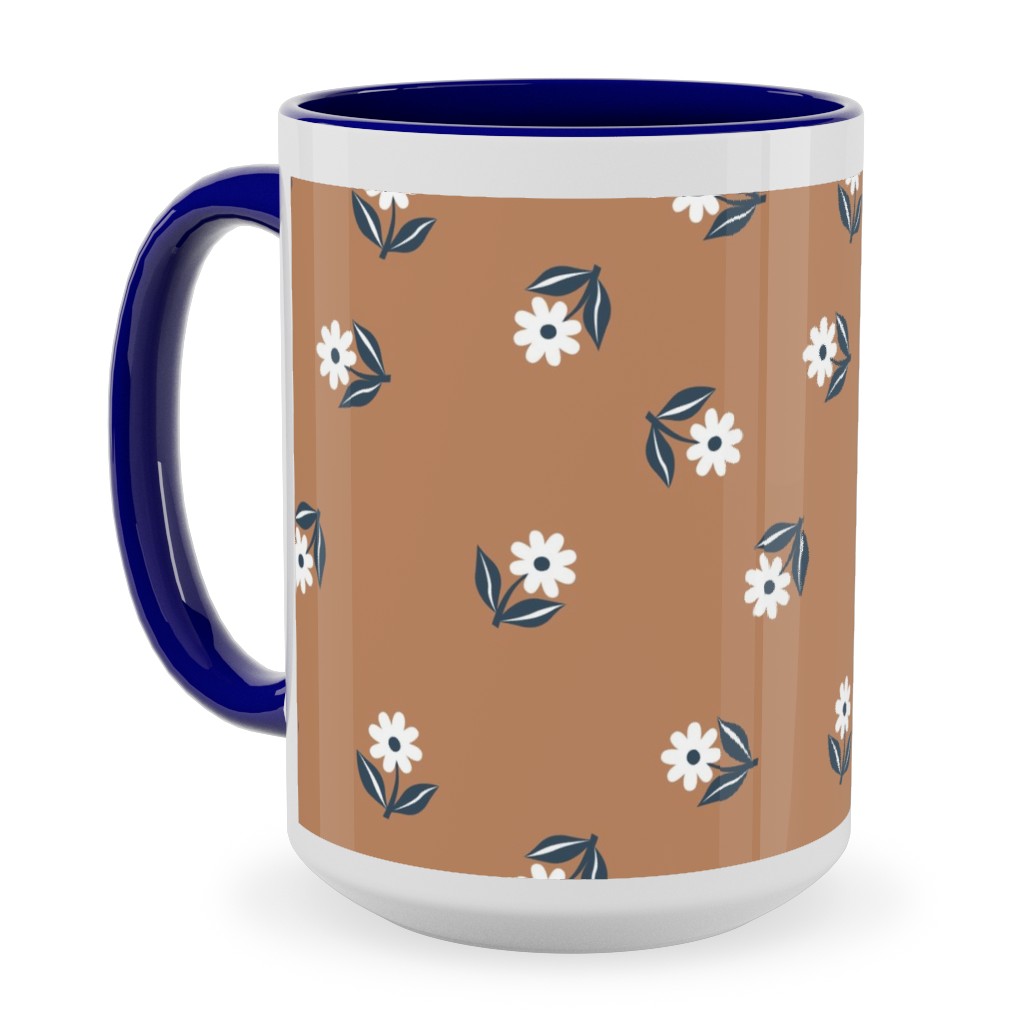 Romantic Boho Daisy Flowers - Scandinavian Print - Caramel Brown Blue Ceramic Mug, Blue, , 15oz, Orange, Orange