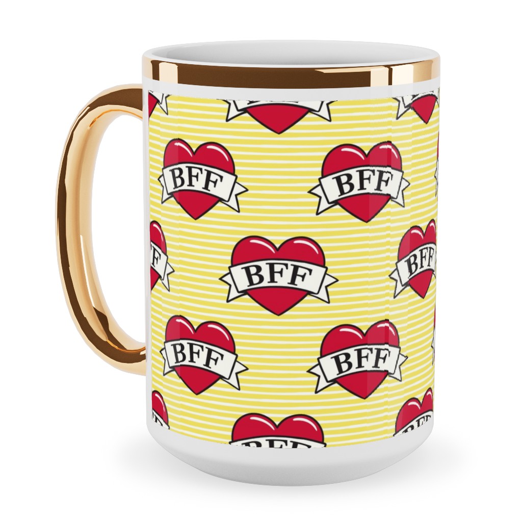 Bff Heart Tattoo Ceramic Mug, Gold Handle, , 15oz, Yellow, Cream