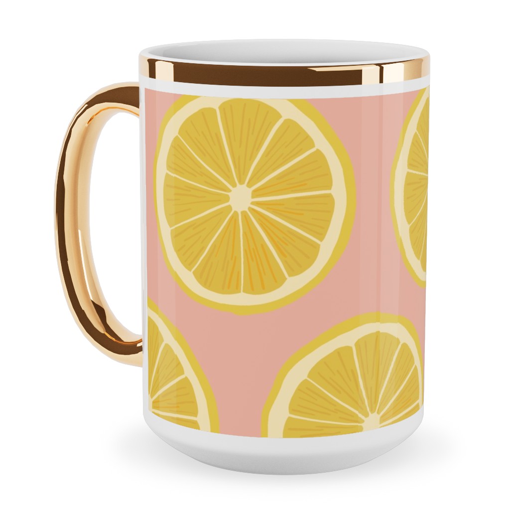 Lemon - Pink Ceramic Mug, Gold Handle, , 15oz, Pink, Bright Pink