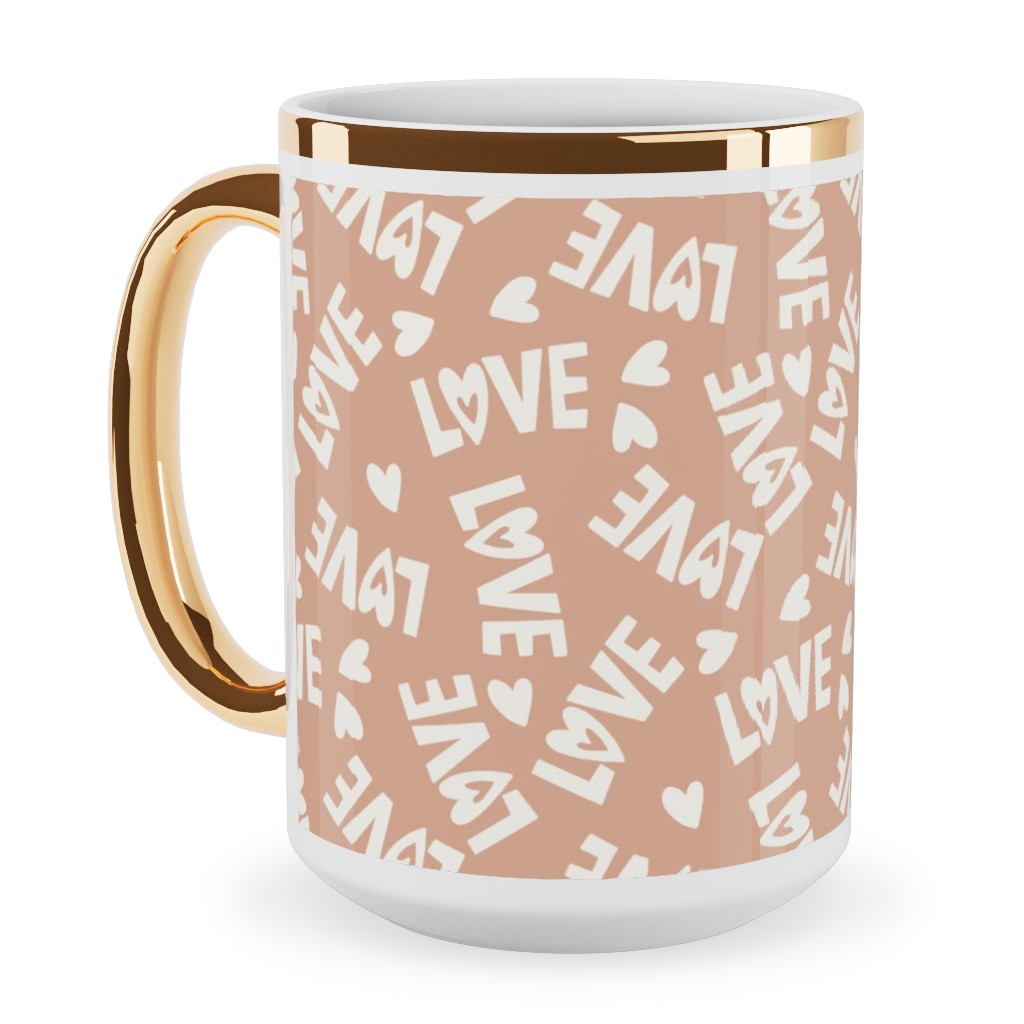 Retro Love - Muted Pink Ceramic Mug, Gold Handle,  , 15oz, Pink