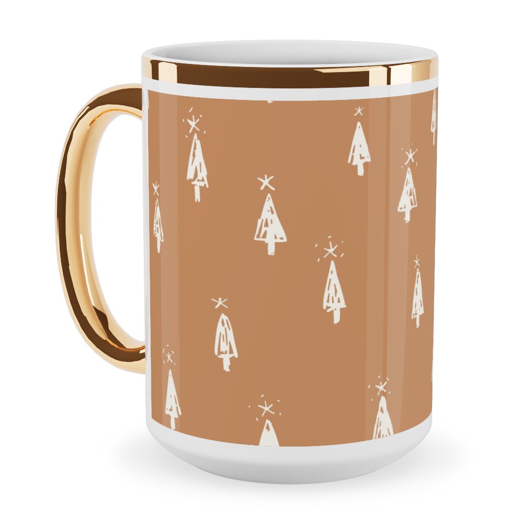 Christmas Trees on Pine Needle Ceramic Mug, Gold Handle, , 15oz, Orange, Pueblo