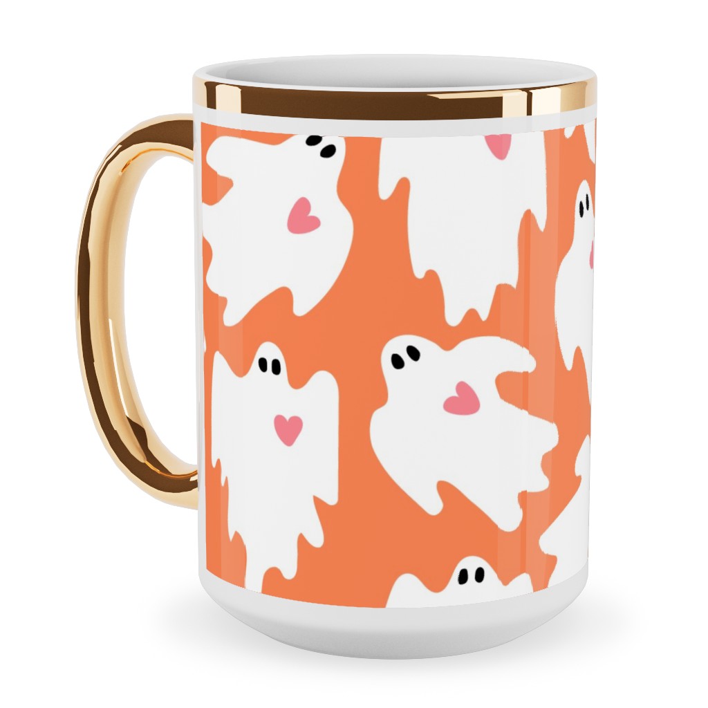 Halloween Ghosts With Hearts - Orange Ceramic Mug, Gold Handle,  , 15oz, Orange