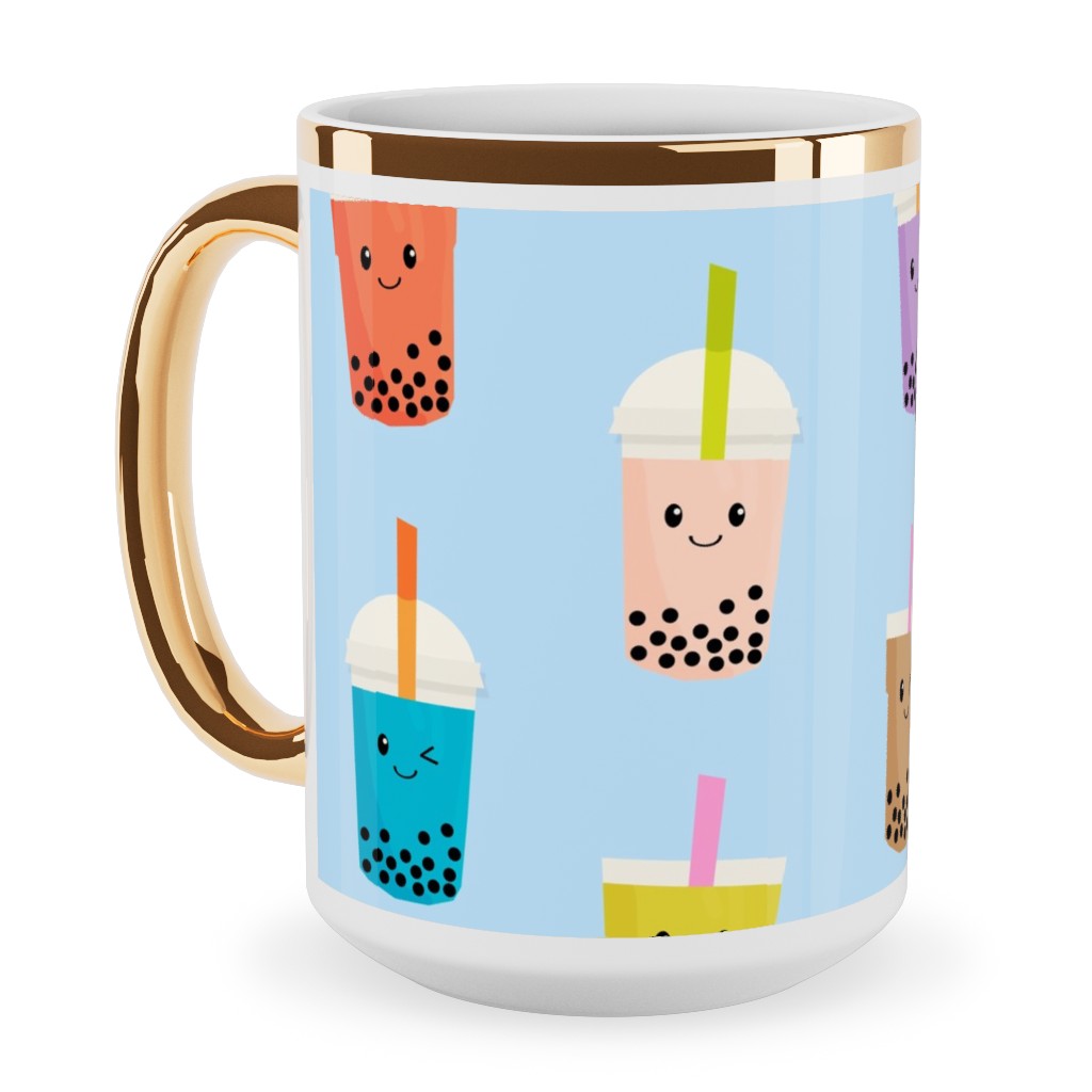 Boba Tea Ceramic Mug, Gold Handle, , 15oz, Blue, Powder