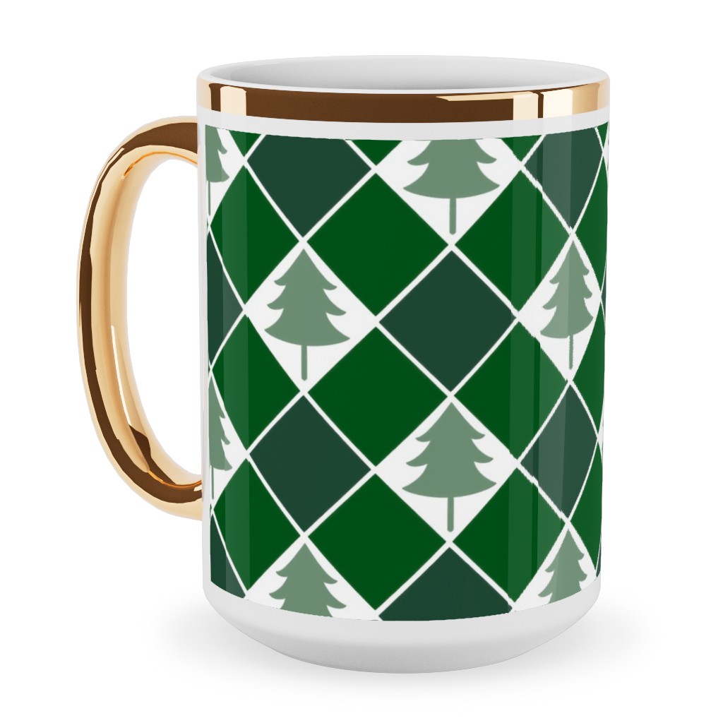 Christmas Tree Checkers - Green Ceramic Mug, Gold Handle, , 15oz, Green, Classic Green