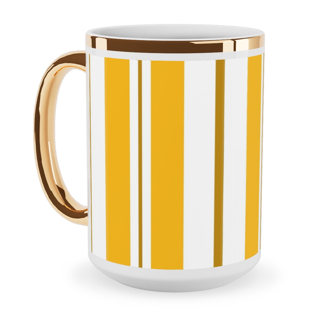 Gold White and Brown Stripes Ceramic Mug, Gold Handle, , 15oz, Yellow, Classic Yellow