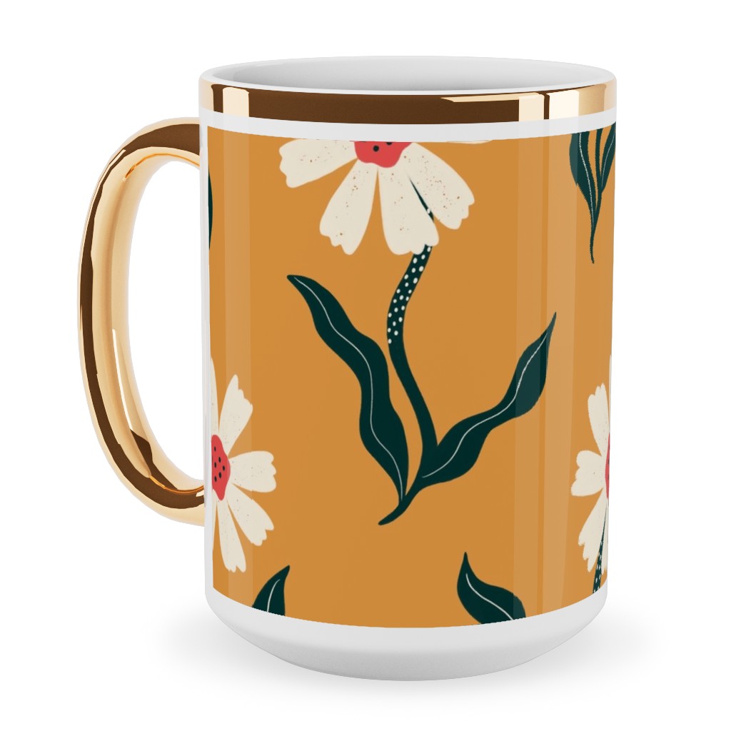 Flower Power - Orange Ceramic Mug, Gold Handle,  , 15oz, Yellow