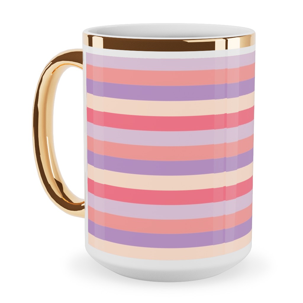 Lavender and Pink Stripe Ceramic Mug, Gold Handle,  , 15oz, Multicolor