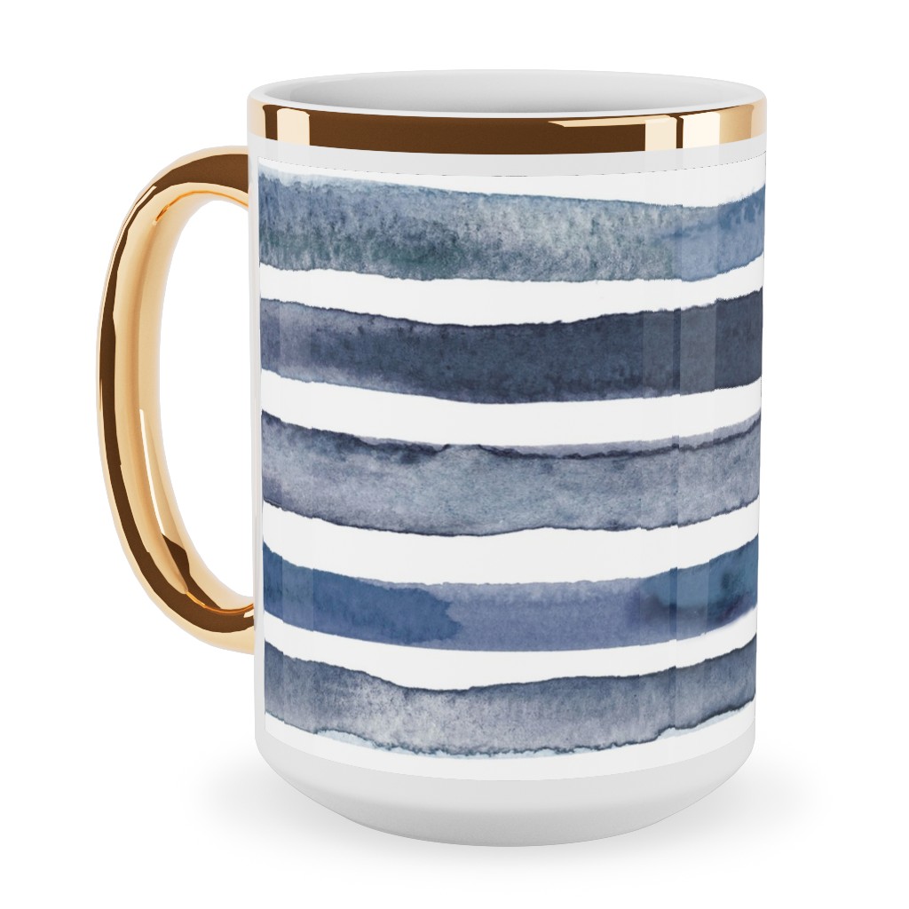 Watercolor Stripes - Blue Ceramic Mug, Gold Handle, , 15oz, Blue, True Blue