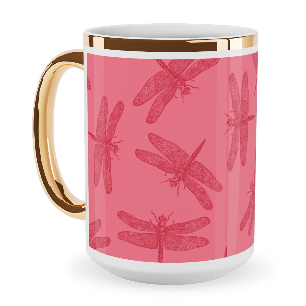 Vintage Dragonfly - Pink Ceramic Mug, Gold Handle, , 15oz, Pink, Bright Pink
