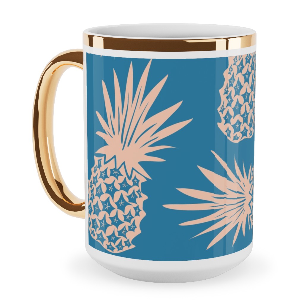 Pineapples Ceramic Mug, Gold Handle, , 15oz, Blue, True Blue
