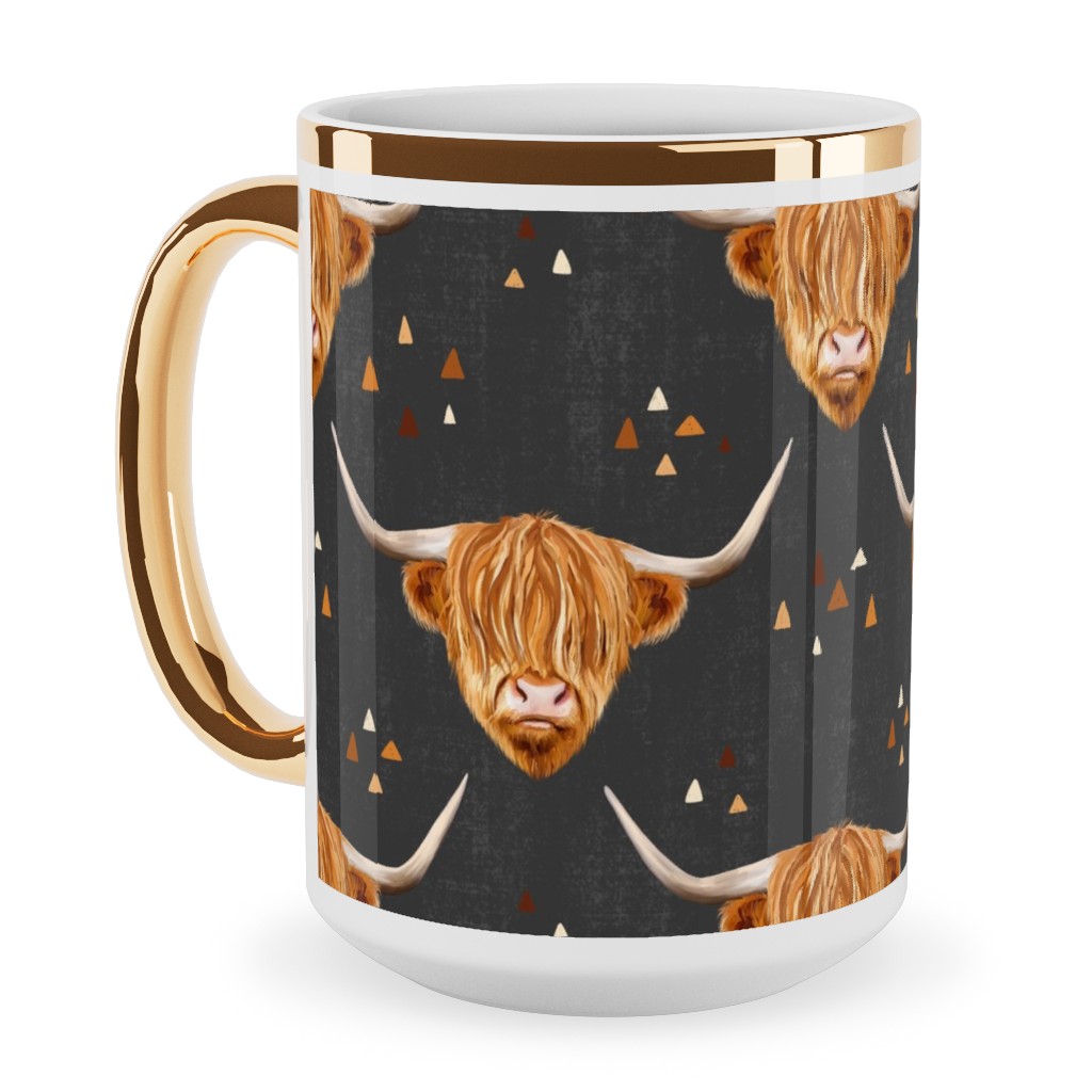 Highland Cow Ceramic Mug, Gold Handle, , 15oz, Black, Black