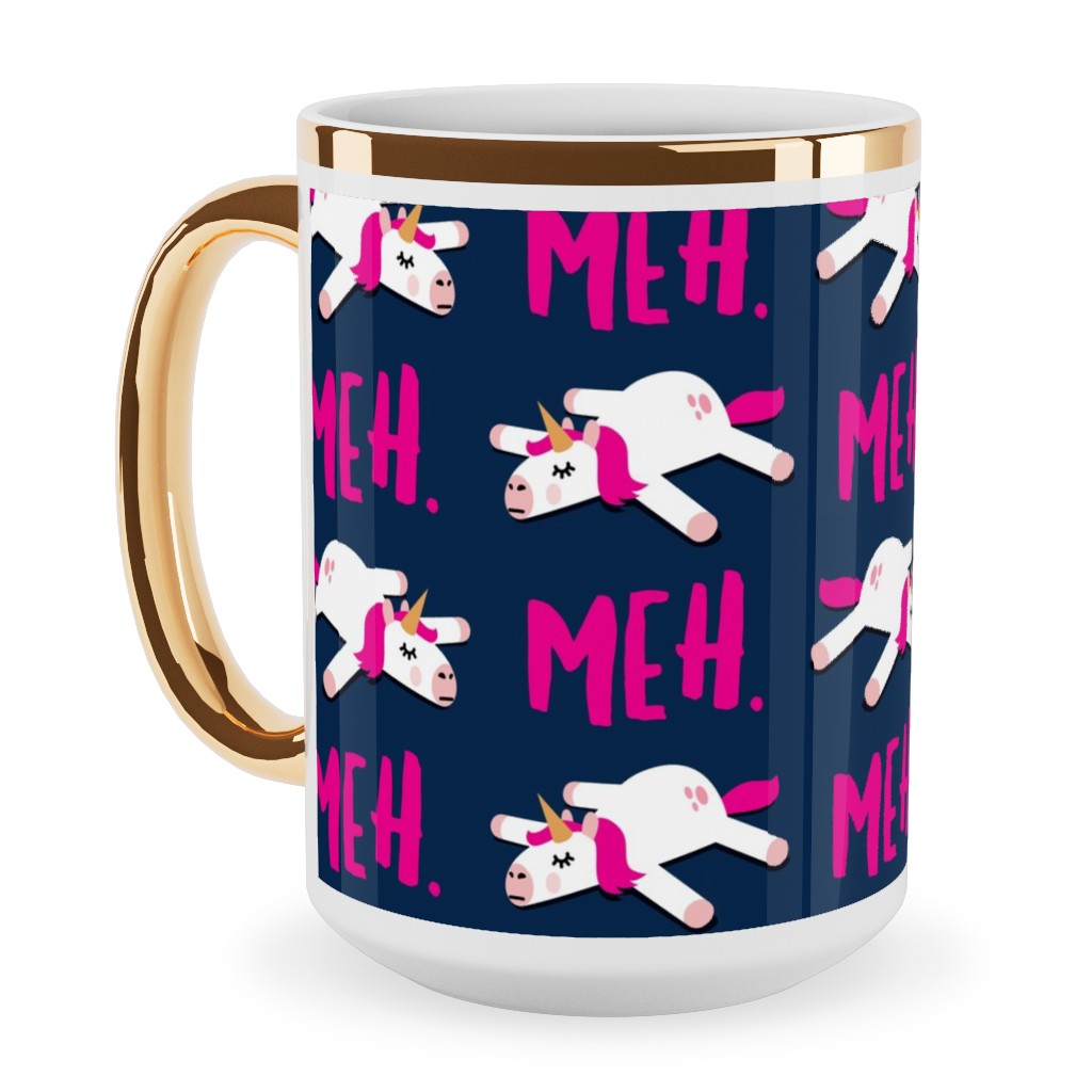 Meh - Splooting Unicorns - Pink on Navy Ceramic Mug, Gold Handle, , 15oz, Pink, Bright Pink