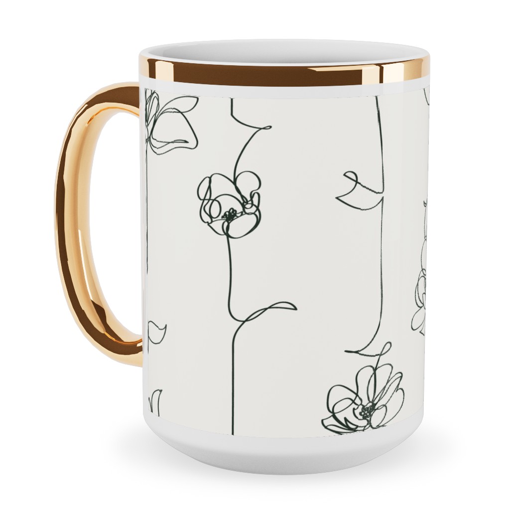 One Line Floral - Light Ceramic Mug, Gold Handle, , 15oz, White, White