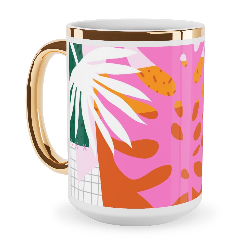 Palm Leaves Patchwork Summer Collage - Multi Ceramic Mug, Gold Handle,  , 15oz, Multicolor
