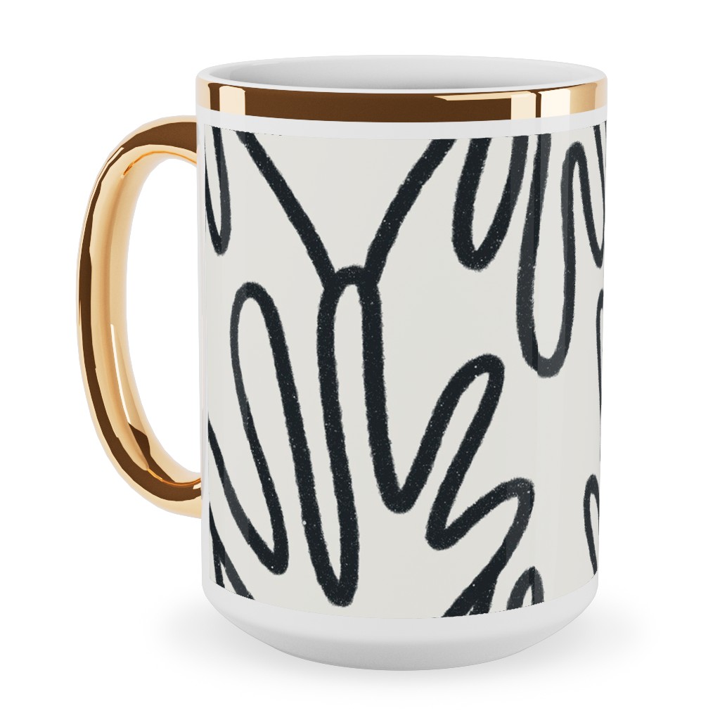 Wavy Lines - Black on White Ceramic Mug, Gold Handle, , 15oz, White, White