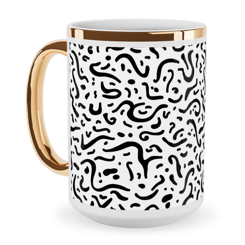 Squiggly - Black and White Ceramic Mug, Gold Handle,  , 15oz, Black