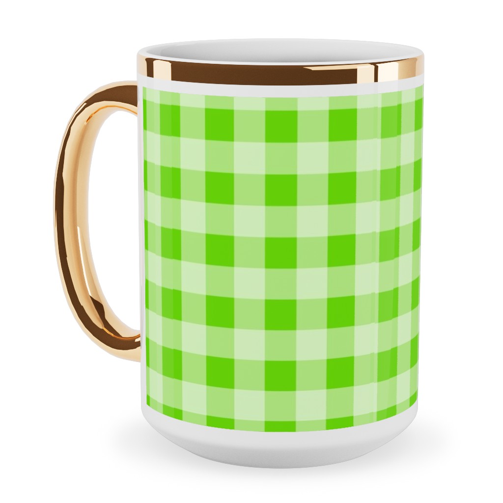 Gingham Checker - Green Ceramic Mug, Gold Handle, , 15oz, Green, Classic Green