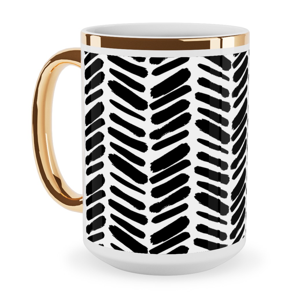 Brushstroke Chevrons Ceramic Mug, Gold Handle,  , 15oz, Black