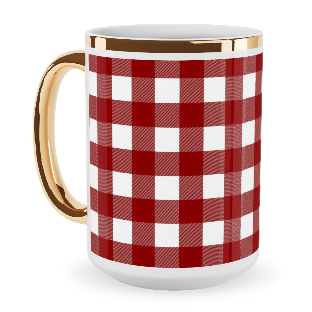 Traditional Red Buffalo Plaid Ceramic Mug, Gold Handle,  , 15oz, Red