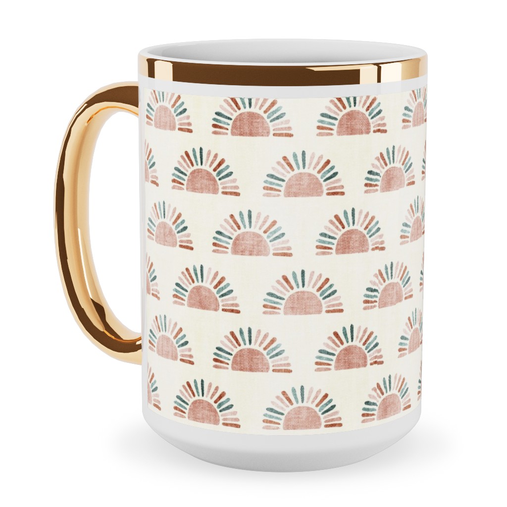 Sunshine - Block Print Boho Sun Print - Dusty Pink/Blue/Teracotta Ceramic Mug, Gold Handle, , 15oz, Pink, Bright Pink