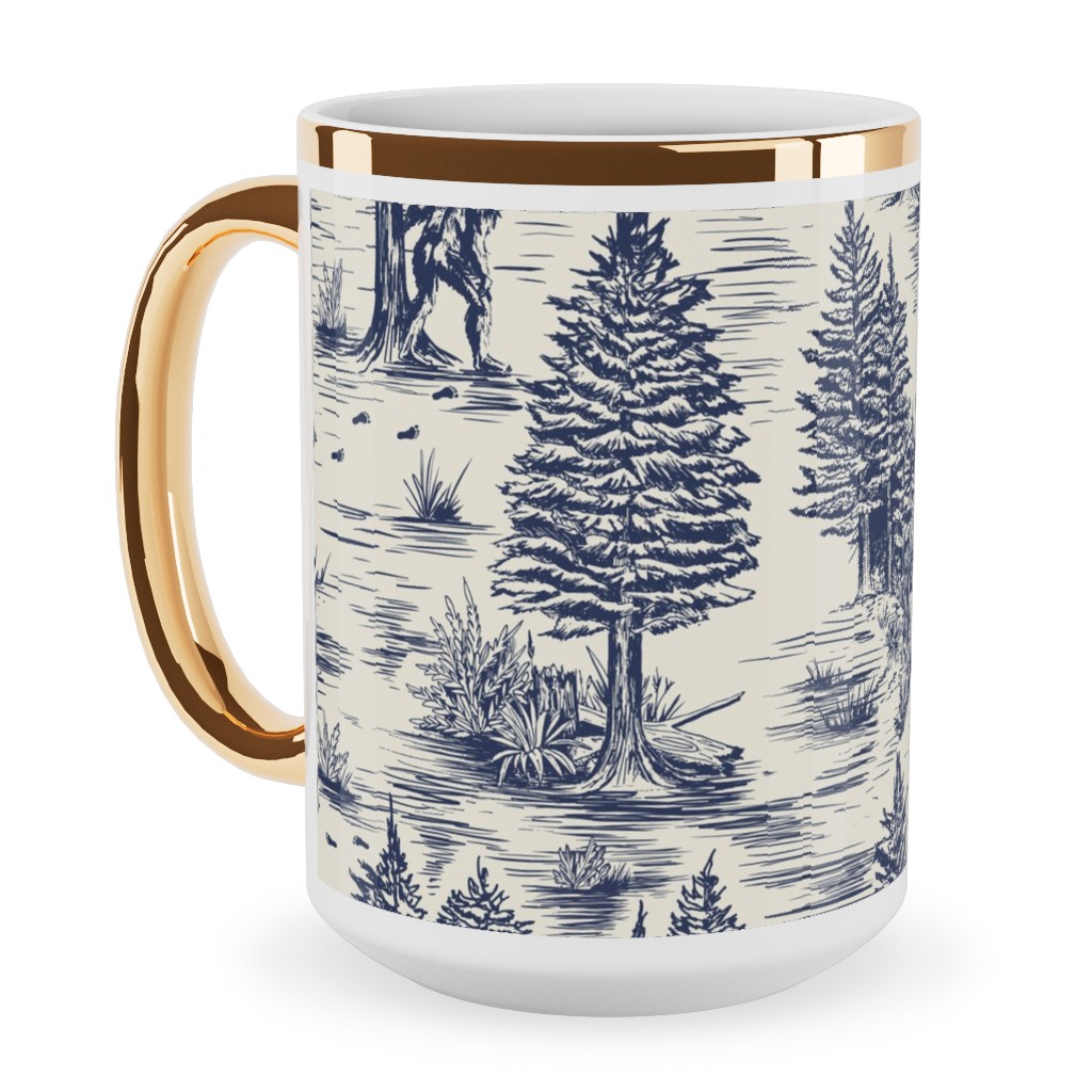 Bigfoot / Sasquatch Toile De Jouy - Blue Ceramic Mug, Gold Handle, , 15oz, Blue, True Blue