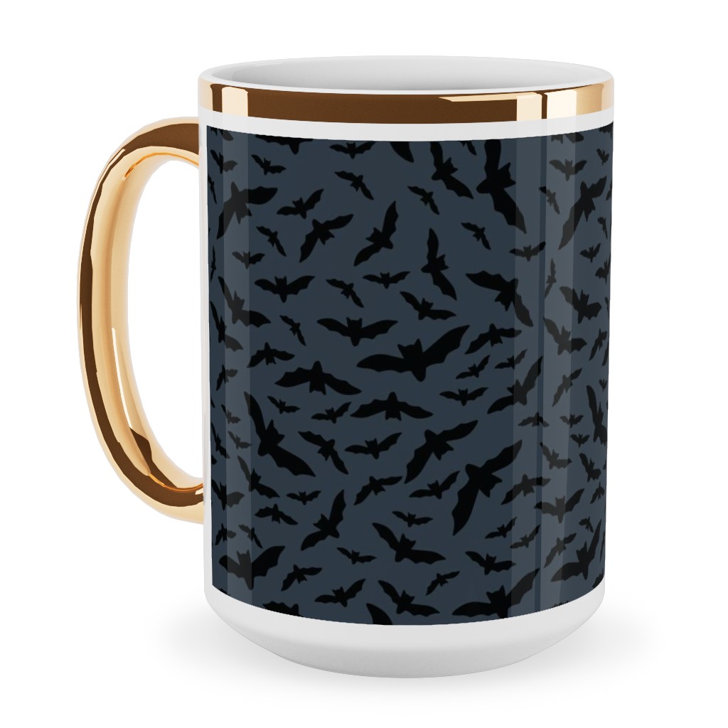 Halloween Black Bats Ceramic Mug, Gold Handle, , 15oz, Black, Charcoal