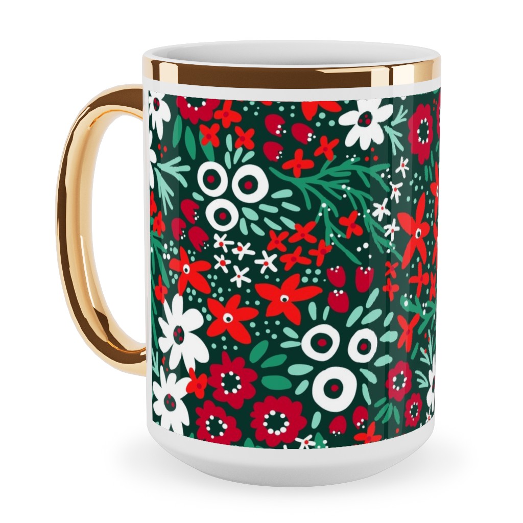 Rustic Floral - Holiday Red and Green Ceramic Mug, Gold Handle, , 15oz, Green, Classic Green