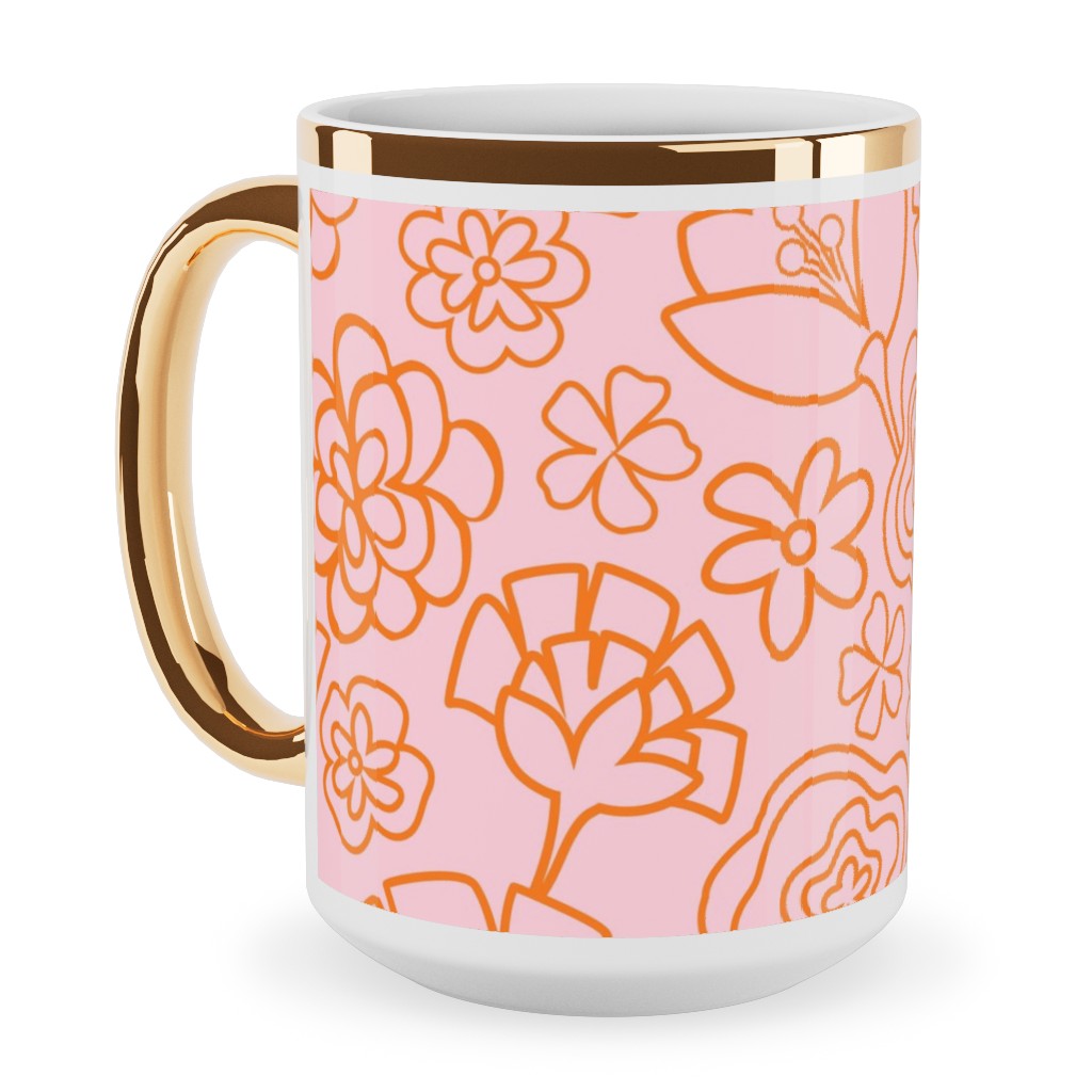 Flower Confetti - Pink Ceramic Mug, Gold Handle, , 15oz, Pink, Bright Pink