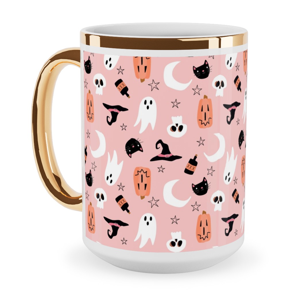 Sweet Halloween - Pumpkin, Witch, Ghost, & Cat - Pink Ceramic Mug, Gold Handle,  , 15oz, Pink