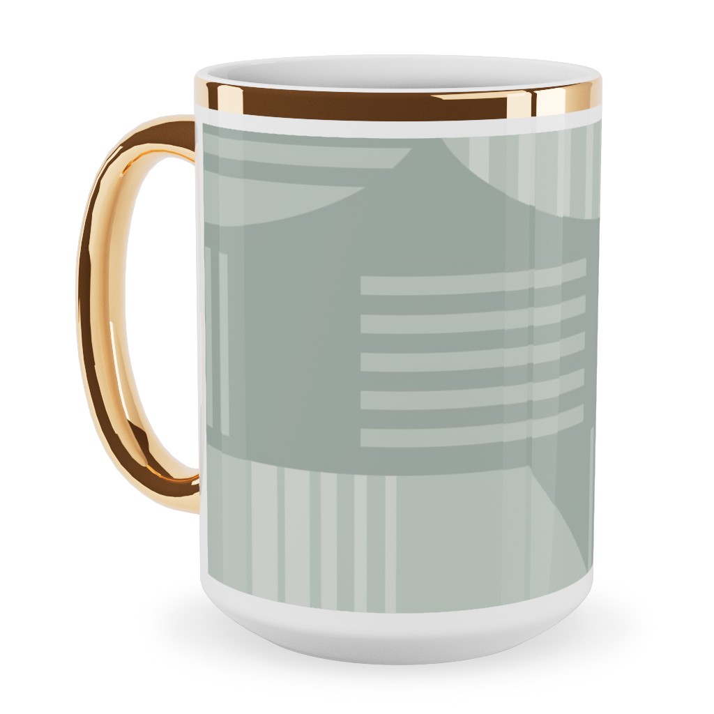 Ovals and Arrows - Neutral Sage Ceramic Mug, Gold Handle,  , 15oz, Green