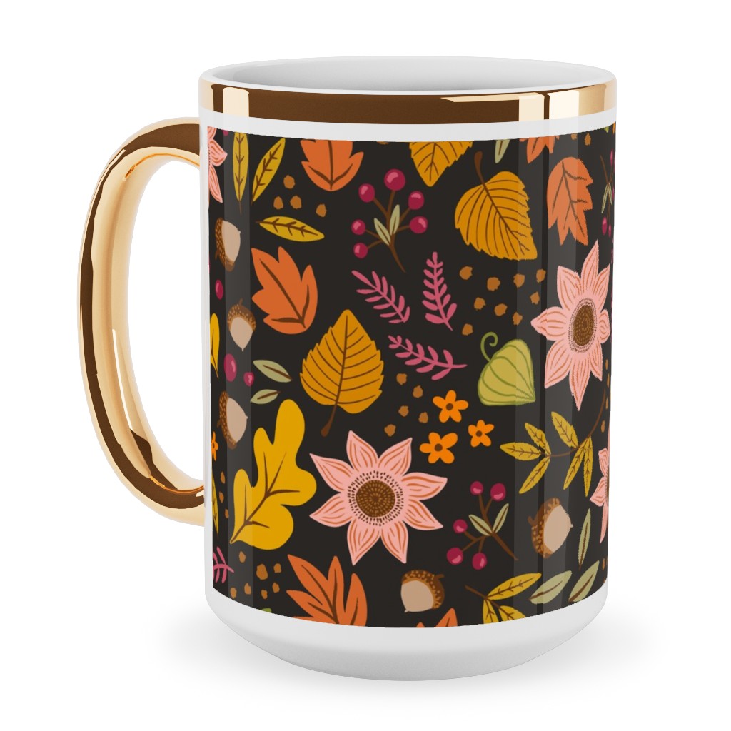 Autumn Floral - Dark Ceramic Mug, Gold Handle, , 15oz, Multicolor