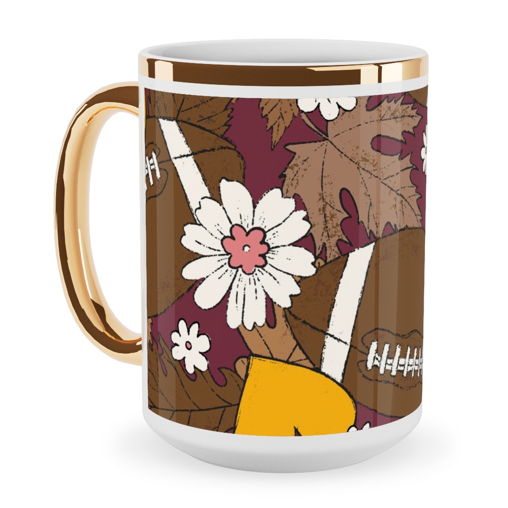 Football Fall and Florals Ceramic Mug, Gold Handle,  , 15oz, Brown