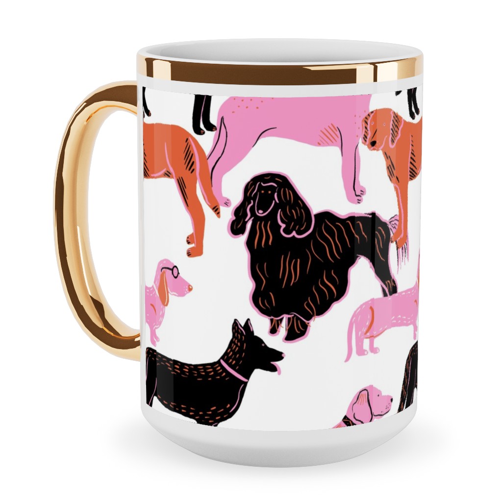 Goofy Dog Friends Ceramic Mug, Gold Handle, , 15oz, White, White