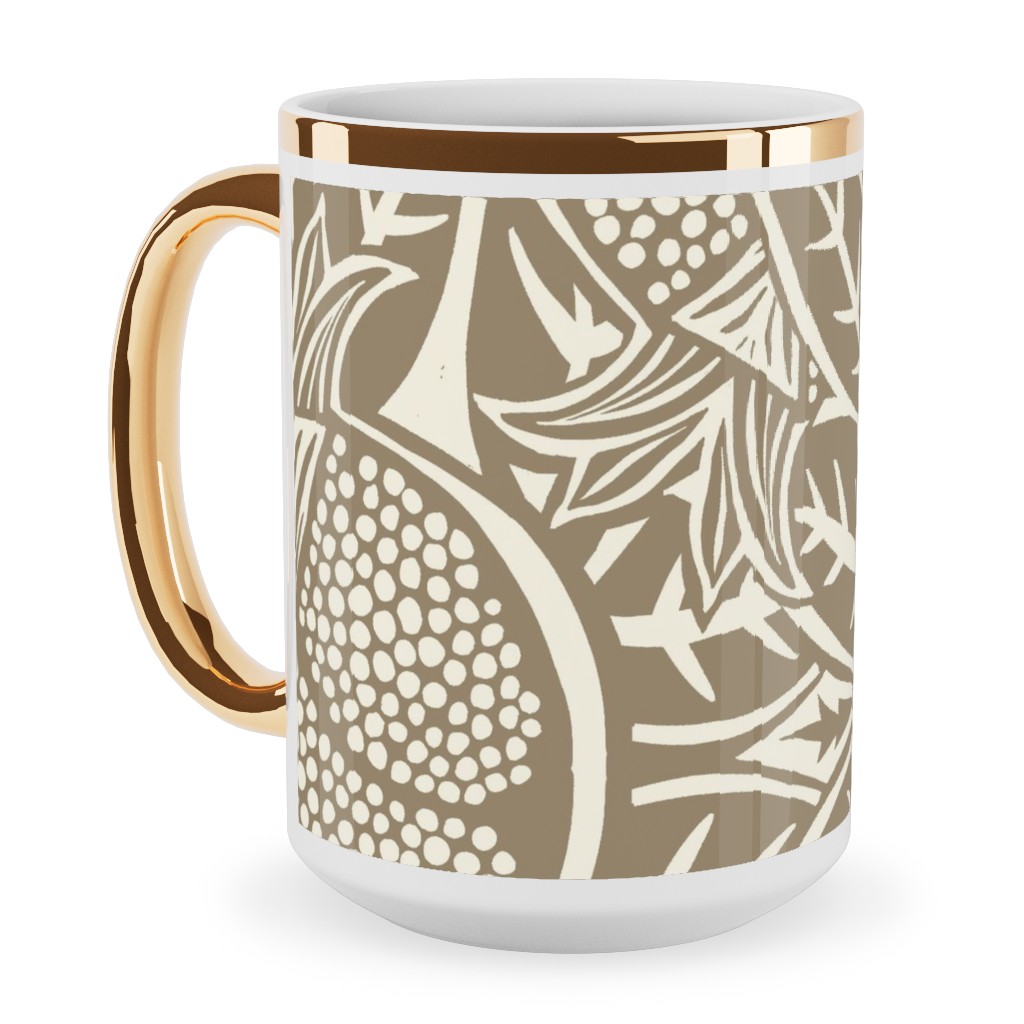 Pomegranate Block Print - Neutral Ceramic Mug, Gold Handle, , 15oz, Brown, Brown