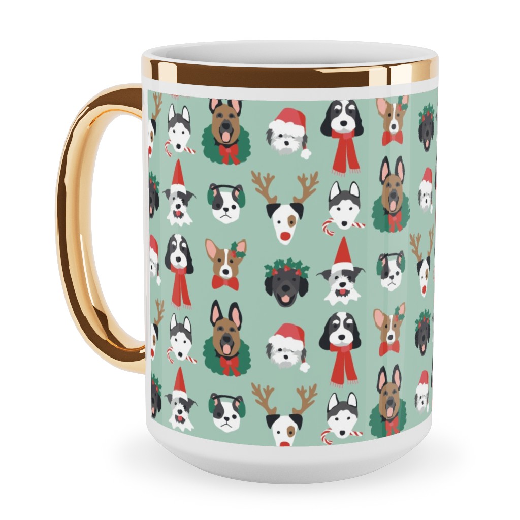Christmas Holiday Puppy Dogs - Green Ceramic Mug, Gold Handle, , 15oz, Green, Classic Green