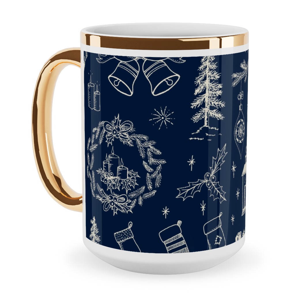 Christmas Toile - Starry Night Ceramic Mug, Gold Handle, , 15oz, Blue, True Blue