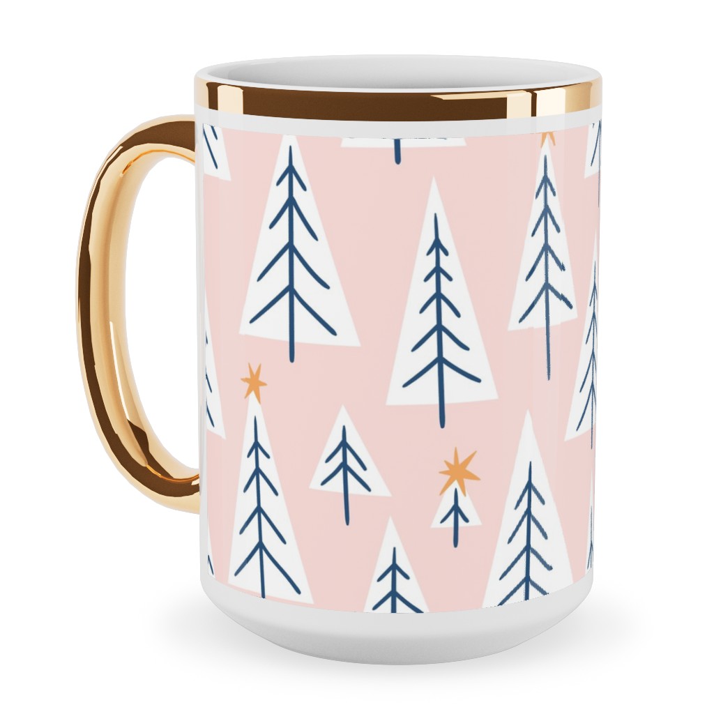 Christmas Forest on Pink Ceramic Mug, Gold Handle,  , 15oz, Pink