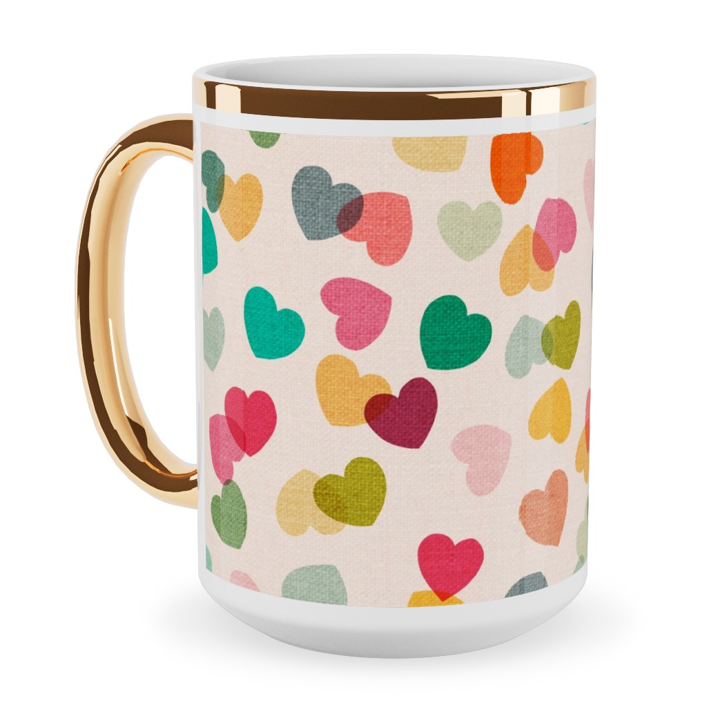Heart Confetti - Pink Multi Ceramic Mug, Gold Handle,  , 15oz, Multicolor