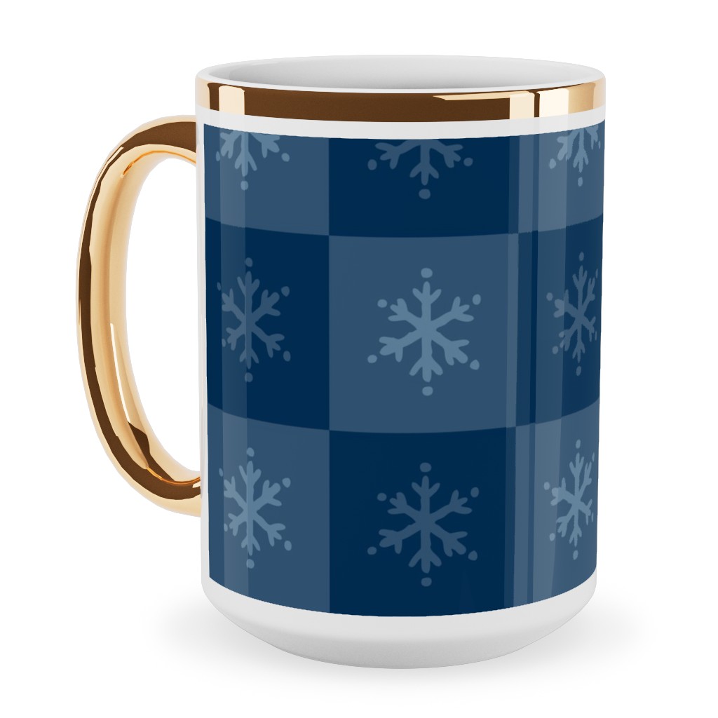 Scandi Cozy Winter Checkered Blue Snowflake Ceramic Mug, Gold Handle, , 15oz, Blue, True Blue