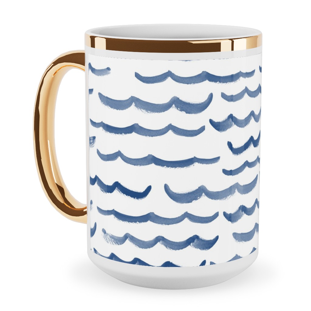 Ocean Waves Ceramic Mug, Gold Handle, , 15oz, White, Blue Lagoon