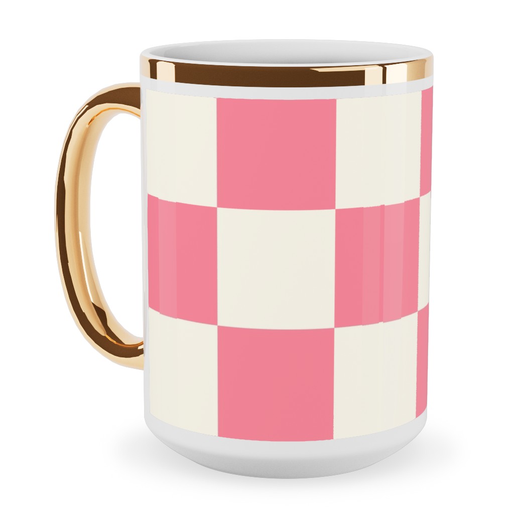 Checkered Pattern - Pink Ceramic Mug, Gold Handle, , 15oz, Pink, Bright Pink