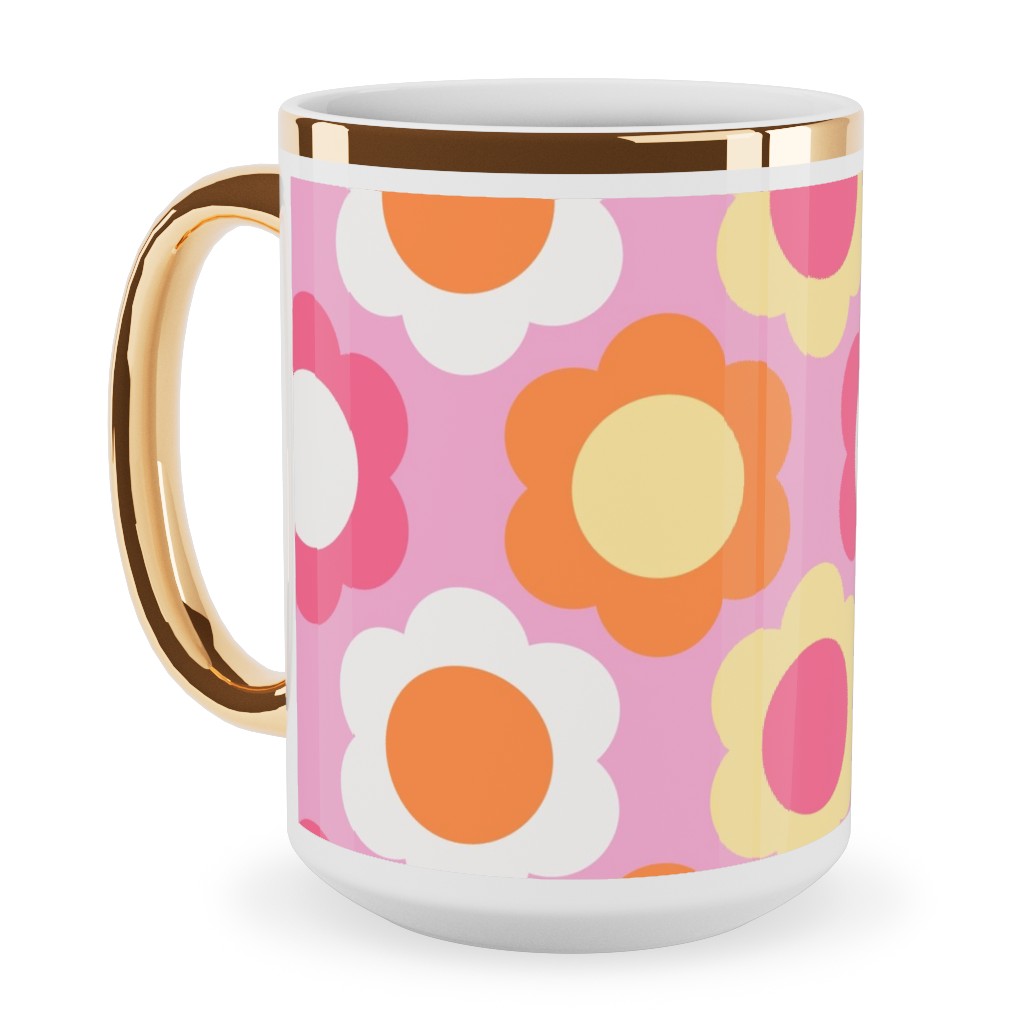 Retro Geometric Flowers - Pink and Orange Ceramic Mug, Gold Handle, , 15oz, Pink, Bright Pink