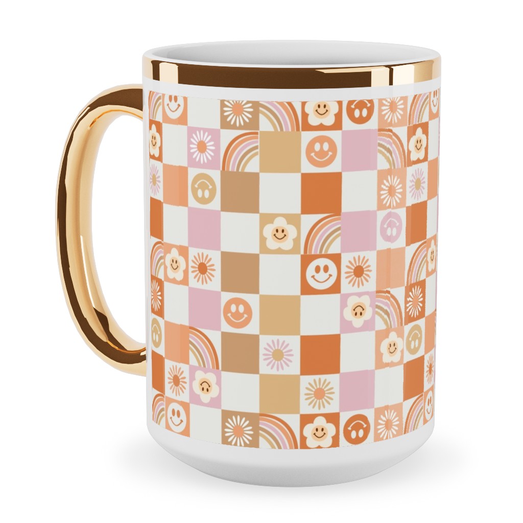Retro Checkerboard - Daisy, Smile, Happy - Pink Orange Ceramic Mug, Gold Handle, , 15oz, Orange, Orange