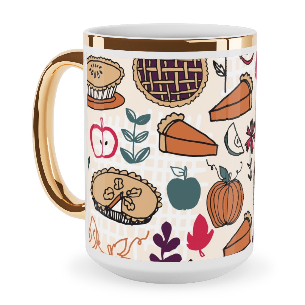 Thanksgiving Apple and Pumpkin Pies Ceramic Mug, Gold Handle,  , 15oz, Multicolor