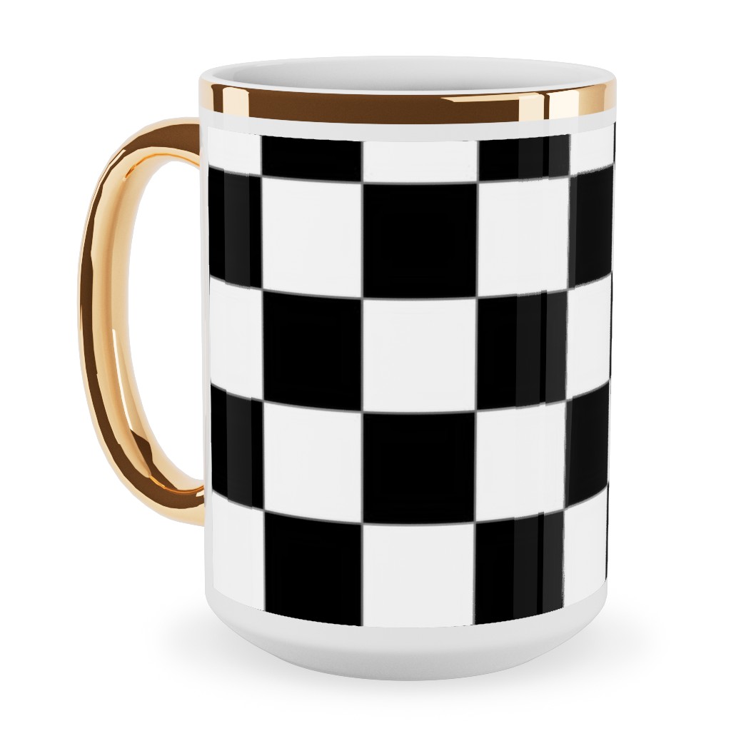 Checker - Black and White Ceramic Mug, Gold Handle,  , 15oz, Black
